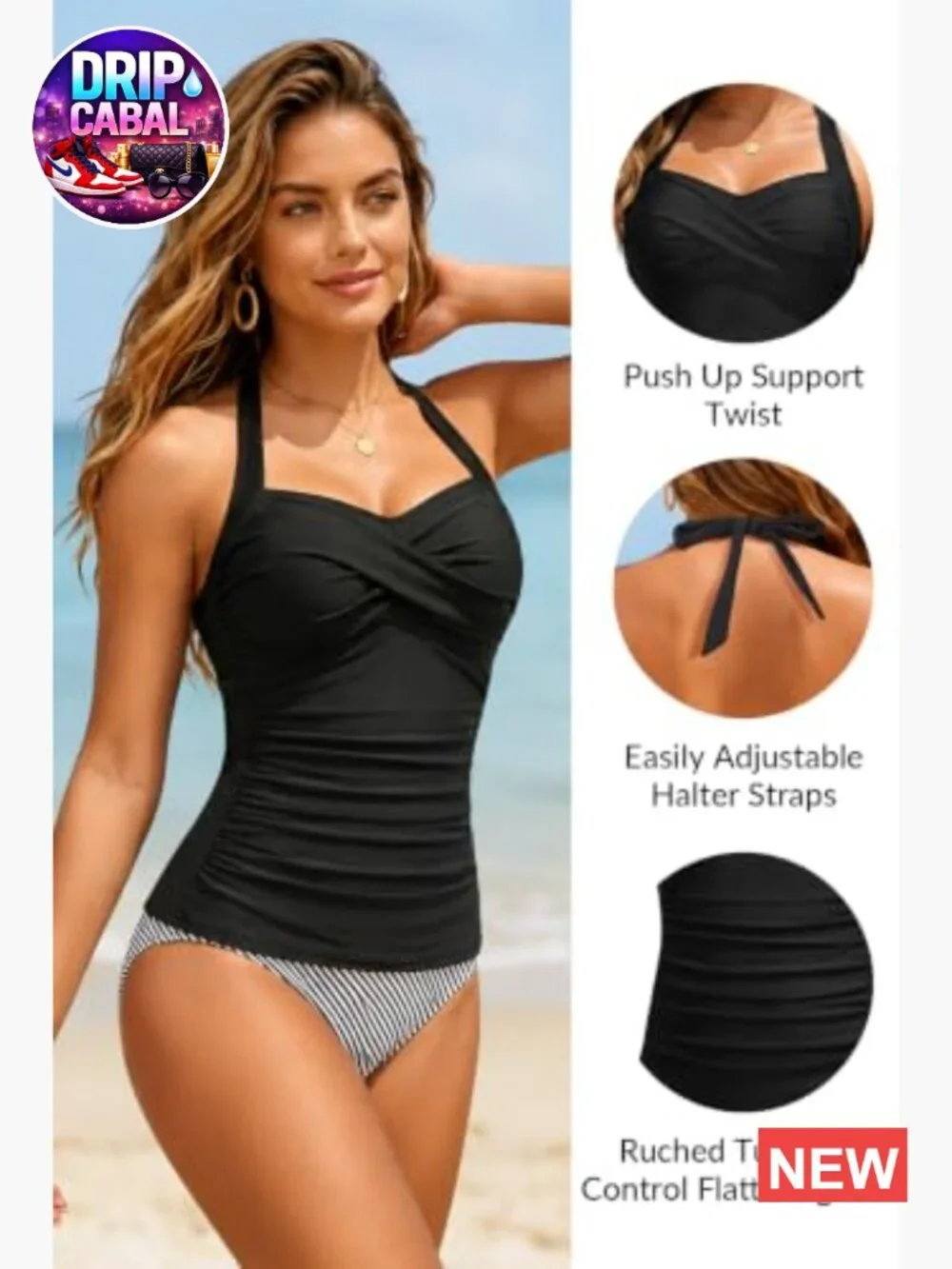 Women Halter Tankini Top Only - Tummy Control Swim Top with Ruched Twist Front